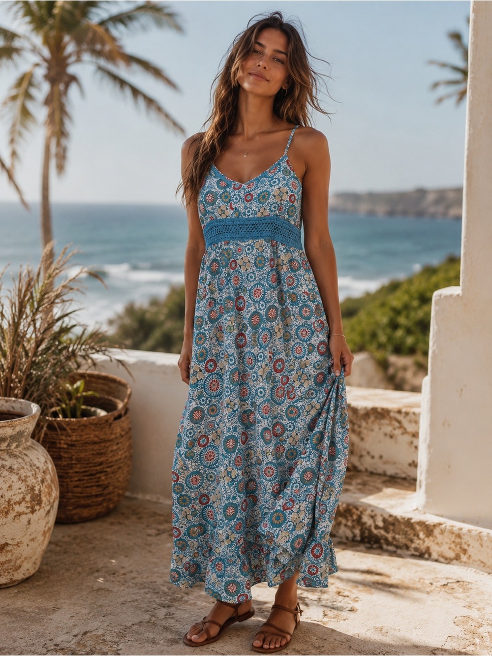 Mlle Gabrielle Blue Floral Crochet Trim Midi Sundress Cotton XL Boho Coastal